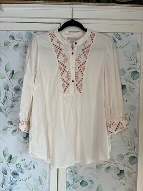 Knox Rose Cream Peasant Tunic with Rust Embroidery